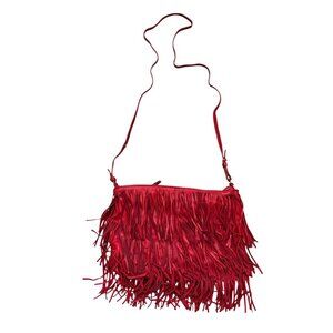 Zara Woman Women's Crossbody Bag Red Fringe Suede Leather Adjustable Strap Boho